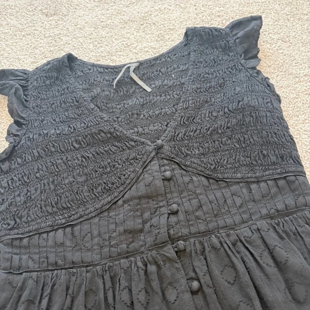 Anthropologie Peregrine Mini Dress Womens M Petite Black Smocked Coquette LBD - Picture 2 of 8
